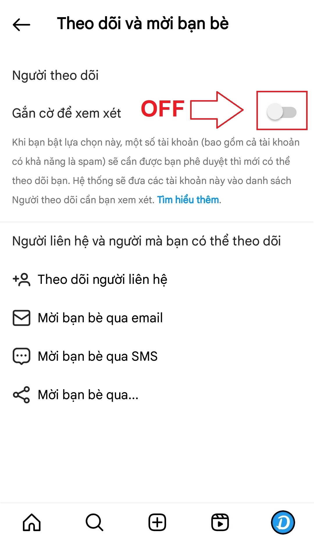 Tắt gắn cờ theo dõi Instagram